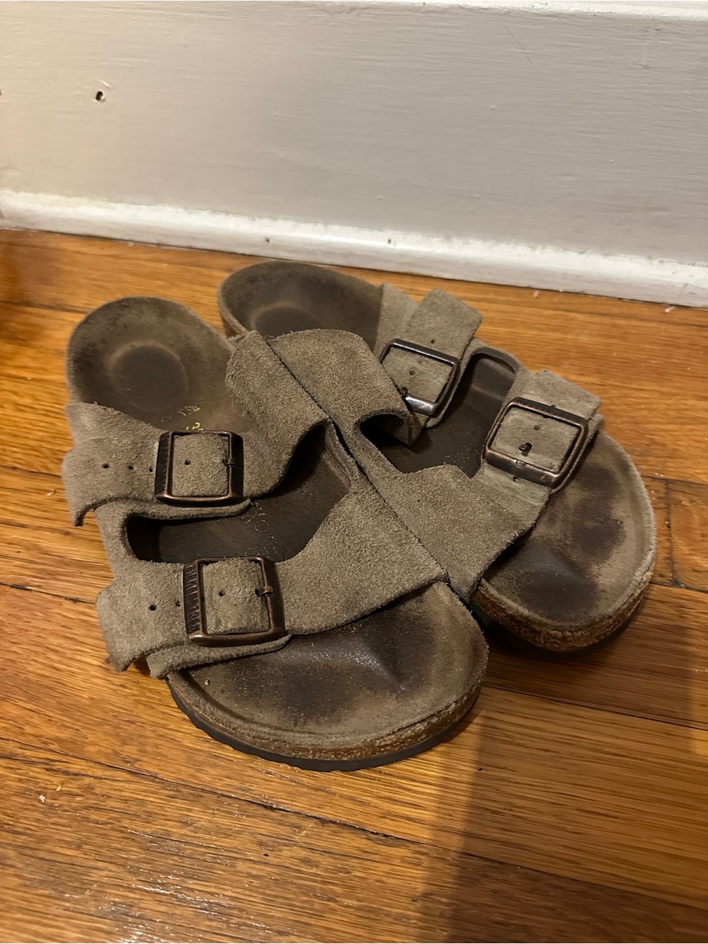 Birkenstock Suede Double-Buckle Sandals in Taupe Brown